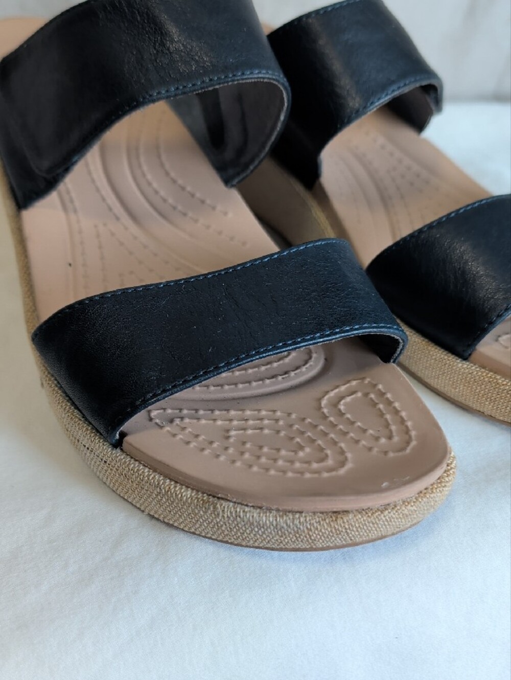 CROCS Black Leather Dual-Strap  Slide Sandals with Tan Wedge Resort Boho Wear - Picture 4 of 8